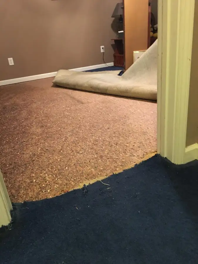 Carpet pad removal revealing water damage during Water Mitigation Services in Missouri City